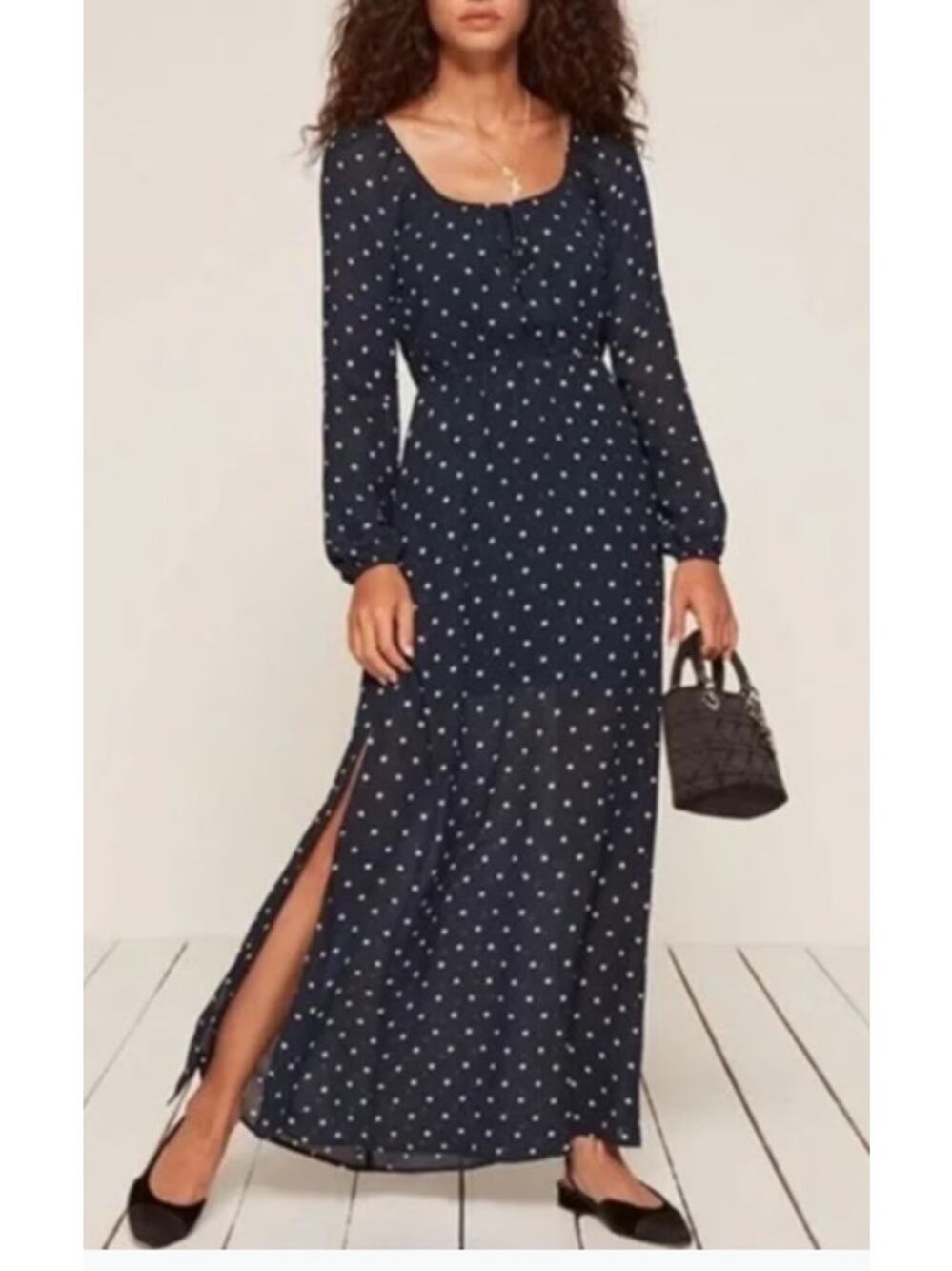 Reformation Navy Blue Polka Dot Midi Dress